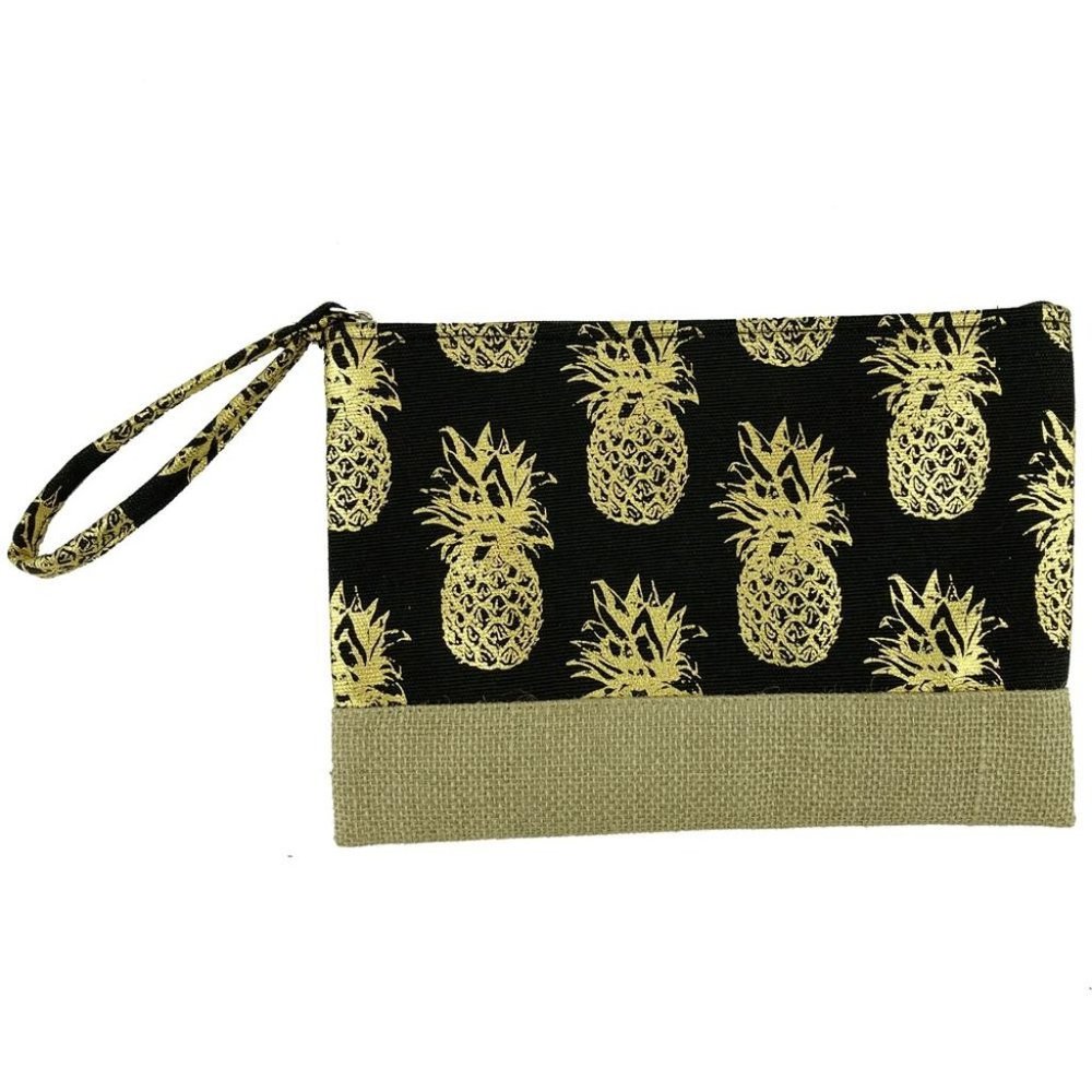 Metallic Pineapple Print Canvas Travel Pouch Wristlet Black and Gold